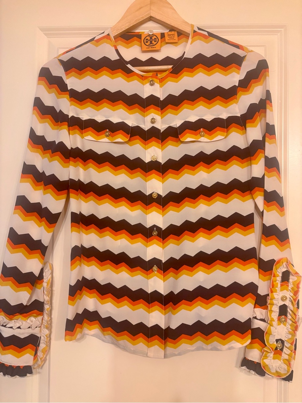 Tory Burch RARE Chevron stripe Silk Top Blouse Sz 2 Orange, Gold, Navy & Cream